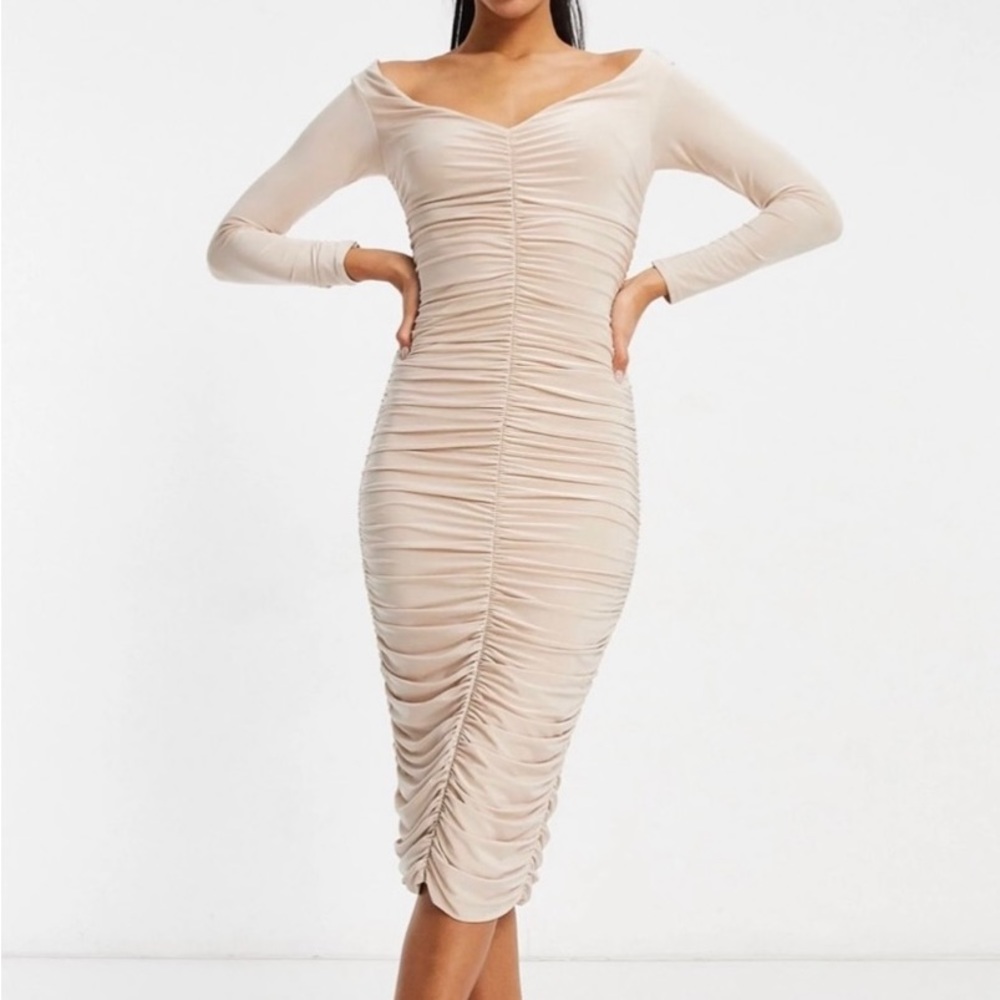 Ruched Midi Dress Off Shoulder Club L London Beige/Nude/Champagne Long Sleeve